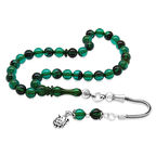 925 Ayar Gümüş Püsküllü Küre Kesim Bilek Boy Turkuaz-Siyah Ateş Kehribar Tesbih