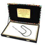 Özel Premium Kutulu Kumpas İşçilikli Gümüş-Firuze İşlemeli Arpa Kesim Erzurum Oltu Taşı Tesbih