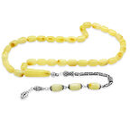 925 Ayar Gümüş Kral Zincir Püsküllü Kapsül Kesim Beyaz-Sarı Hareli Patinli Damla Kehribar Tesbih