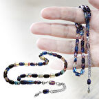 Ateş Kehribar Tesbih - Kararmaz Metal Püsküllü - Bilek Boy - Lacivert Beyaz Renk - Kapsül Kesim