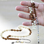 925 Ayar Gümüş Püsküllü Kuka İmameli Arpa Kesim Naturel Renk Deve Kemiği Tesbih