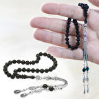 Kararmaz Metal Püsküllü Küre Kesim Bilek Boy Mavi Siyah Sıkma Kehribar Tesbih