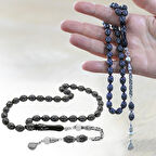 925 Ayar Gümüş Kral Zincir Püsküllü Ekose Motifli Gümüş Firuze İşlemeli Arpa Kesim Erzurum Oltu Taşı Tesbih