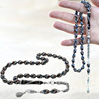 925 Ayar Gümüş Kral Zincir Püsküllü Helezon Motifli Gümüş Firuze Mercan İşlemeli Arpa Kesim Erzurum Oltu Taşı Tesbih