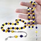 925 Ayar Gümüş Foxtail Zincir Püsküllü Küre Kesim Sarı Lacivert Jade Doğaltaş Taraftar Tesbih