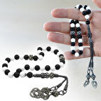 1000 Ayar Gümüş Kazaz Püsküllü Küre Kesim Siyah Beyaz Jade Ayyıldız Oniks Doğaltaş Taraftar Tesbih