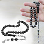 Erzurum Oltu Taşı Tesbih - 925 Ayar Gümüş Kral Püsküllü - Yoğun Gümüş Yıldız İşlemeli - Küre Kesim