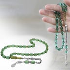 Ateş Kehribar Tesbih - 925 Ayar Gümüş Kral Zincir Püsküllü - Su Yeşili Renk - Arpa Kesim