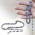 Doğaltaş Sodalit Tesbih - 925 Ayar Gümüş Püsküllü - Kişiye Özel İsim Yazılı - Arpa Kesim