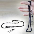 Sıkma Kehribar Namaz Tesbihi - Kararmaz Metal Püsküllü - Bilek Boy - Süzme Mavi Siyah - Küre Kesim