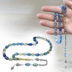 Ateş Kehribar Tesbih - 925 Ayar Gümüş Kral Zincir Püsküllü - Elmas Kesim - Mavi Beyaz Renk