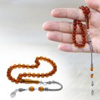 Damla Kehribar Tesbih - 925 Ayar Gümüş Püsküllü - Küre Kesim - Bal Rengi