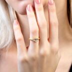 Sıralı Zirkon Taşlı Popcorn Tasarım Gold Renk Free Size 925 Ayar Gümüş Kadın Beştaş Yüzük