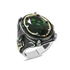 Faset Kesim Yeşil Zirkon Taşlı Yanları Meşale Detaylı 925 Ayar Gümüş Erkek Yüzük