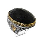 Faset Siyah Zirkon Taşlı Tuğra Detaylı Koleksiyonluk 925 Ayar Gümüş Erkek Yüzük