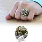 Yeşil Kehribar Üzeri Anadolu Motifli Yanları Gravür İşlemeli 925 Ayar Gümüş Erkek Yüzük