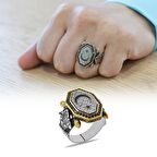 Siyah Zirkon Taş Mıhlamalı Ayyıldız Motifli Sekizgen Tasarım 925 Ayar Gümüş Erkek Yüzük