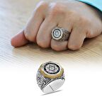 Gravür Desenli "Mühr-i Süleyman" İşlemeli Sekizgen Tasarım 925 Ayar Gümüş Erkek Yüzük