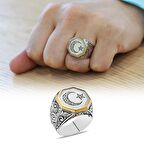 Gravür Desenli Ayyıldız Motifli Sekizgen Tasarım 925 Ayar Gümüş Erkek Yüzük