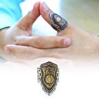 Siyah Zirkon Taş Mıhlamalı "Mühr-i Süleyman" İşlemeli Free Size 925 Ayar Gümüş Okçu (Zihgir) Yüzüğü