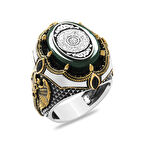 Yeşil Kehribar Taş Üzerine Hüsnü Hat İnşirah Suresi Yazılı Oval Tasarım 925 Ayar Gümüş Erkek Yüzük