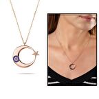 Mavi-Beyaz Zirkon Taşlı Tarz Tasarım Rose Renk 925 Ayar Gümüş Ayyıldız Kolye