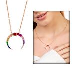 Multi Renk Zirkon Taşlı Hilal Tasarım Rose Renk 925 Ayar Gümüş Kadın Kolye