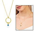 Beyaz Zirkon Taşlı Nazar Boncuğu Detaylı Dorika Top Süslemeli Gold Renk 925 Ayar Gümüş Kadın Kolye
