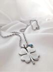 Silver Renk Burma Zincirli Nazar Boncuğu Detaylı Yonca Yaprağı Tasarım Çelik Kadın Kolye