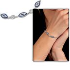 Mavi-Beyaz Zirkon Taşlı Oval Tasarım 925 Ayar Gümüş Su Yolu Kadın Bileklik