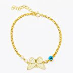 Beyaz Zirkon Taşlı Gold Renk Kelebek Tasarım Nazar Boncuğu Detaylı 925 Ayar Gümüş Kadın Bileklik