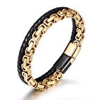 Altın Rengi Kral Zincir & Gerçek Deri Örgü Kombinli Magnetic Tokalı 316L Kalite Çelik Mekanizmalı Erkek Bileklik