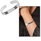 Arapça İnşirah Suresi Yazılı Vav Harfi Süslemeli Kelepçe Model 925 Ayar Gümüş Kadın Bileklik