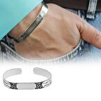 Üzeri Arapça İnşirah Suresi Yazılı Vav Harfi Süslemeli Kişiye Özel İsim Yazılı El İşçiliği 925 Ayar Gümüş Erkek Bileklik