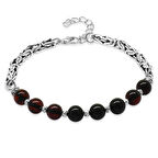 Kararmaz Metal Kral Zincirli Dorika Top Süslemeli Küre Kesim Kırmızı Renk Doğal Damla Kehribar Erkek Bileklik