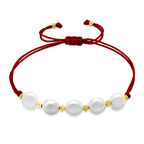 Makrome Örgülü Naturel Kesim Kırmızı İpli Sarı Dorika Top Süslemeli Doğal İnci Kadın Bileklik