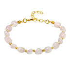 Altın Rengi Metal Zincirli Dorika Top Süslemeli Amorf Pembe Kuvars Doğaltaş Kadın Bileklik
