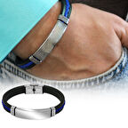 Silikon Kordonlu Gümüş Renk Çelik Plakalı Mavi İp Detaylı Kişiye Özel İsim veya Harf Yazılı Erkek Bileklik