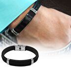 Silikon Kordonlu Siyah Çelik Plakalı Siyah İp Detaylı Kişiye Özel İsim veya Harf Yazılı Erkek Bileklik