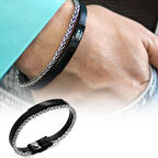 Spiga Çelik Zincir ve Siyah Deri Bileşim Kişiye Özel İsim veya Harf Yazılı Erkek Bileklik