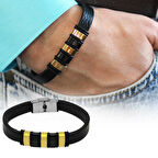 Siyah Deri ve Çelik Bileşim Beş Plakalı Kişiye Özel Harf Yazılı Erkek Bileklik