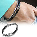 Spiga Çelik Zincir ve Deri Bileşim Kişiye Özel İsim veya Harf Yazılı Erkek Bileklik