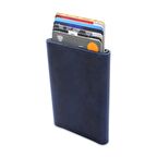 Modern Tasarım Tamamı El Dikişi Mavi Crazy Deriden Mekanizmalı Kişiye Özel İsim/Harf Yazılı Kartlık-Cüzdan