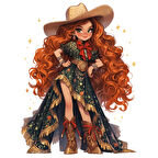 Kırmızı Fiyonklu Koyu Yeşil Elbiseli Kovboy Kız Duvar Stickerı