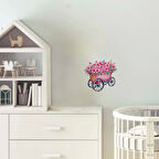 Pembe Çiçekli Ahşap Görünümlü El Arabası Duvar Sticker'ı