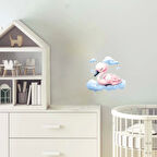 Yıldızlı Mavi Bulut Üzerinde Uyuyan Pembe Flamingo Duvar Çıkartması