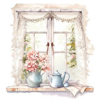 Pembe Çiçekli Vazolar ve Perde Detaylı Pencere Duvar Stickerı