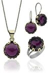 Ametist Taşlı Lale Motifli Yuvarlak Otantik Gümüş Kadın Set