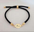 Zamansız 14 Ayar Altın Plakalı ve Siyah Örgülü Yuvarlak Figürlü Rosa Bilekliği