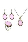 925 Ayar Pembe Kuvars Taşlı Otantik Gümüş Üçlü Set